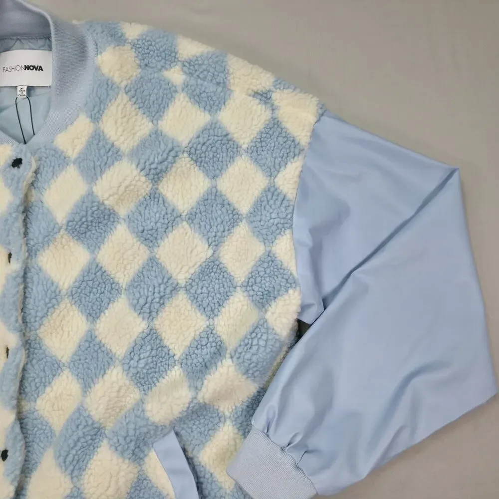 Fashion Nova Womens XL Something About You Varsity Jacket Sherpa Argyle